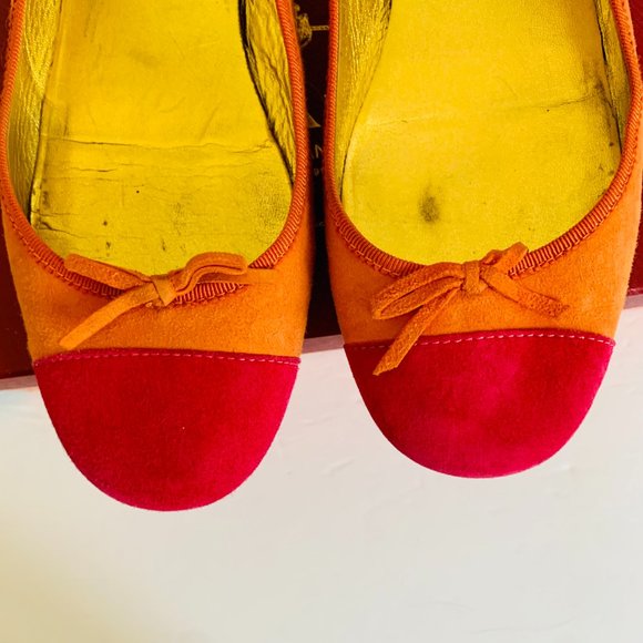 PRADA BALLET SUEDE FLATS ORANGE AND PINK WITH BOW ACCENT MADE IN ITALY - Picture 5 of 8